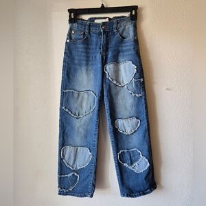 Girl's Denim Jeans with Y2K Style Patchwork Heart Accents, Straight Leg Size 8